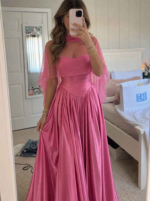 Sweety Pink A Line Strapless Tulle Satin Long Prom Dress Evening Dress SH8274