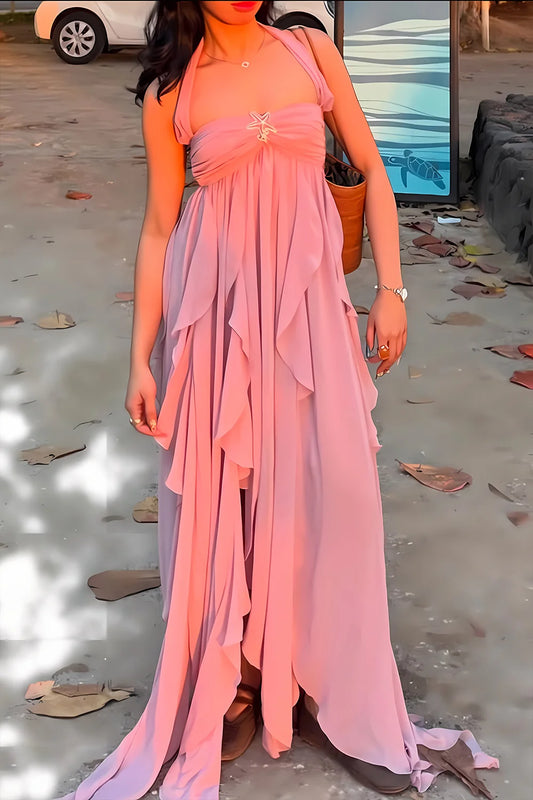 Chic A Line Halter Neck Pink Long Prom Dress with Ruffles SH8308