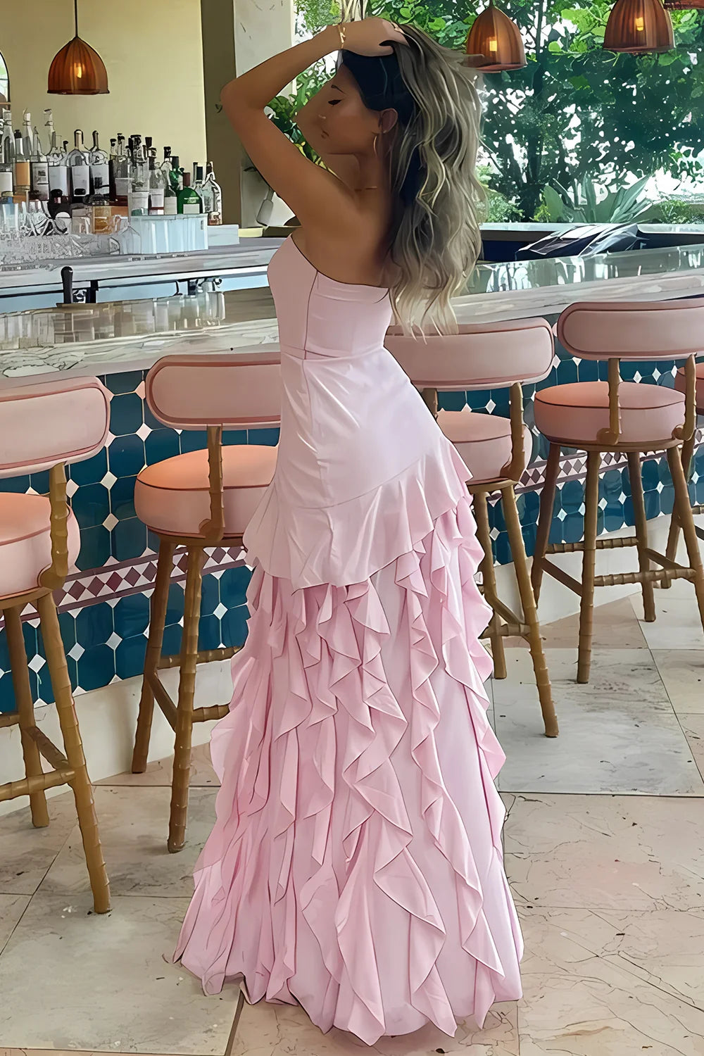 Charming Sheath Strapless Pink Long Prom Dress with Ruffles SH8304