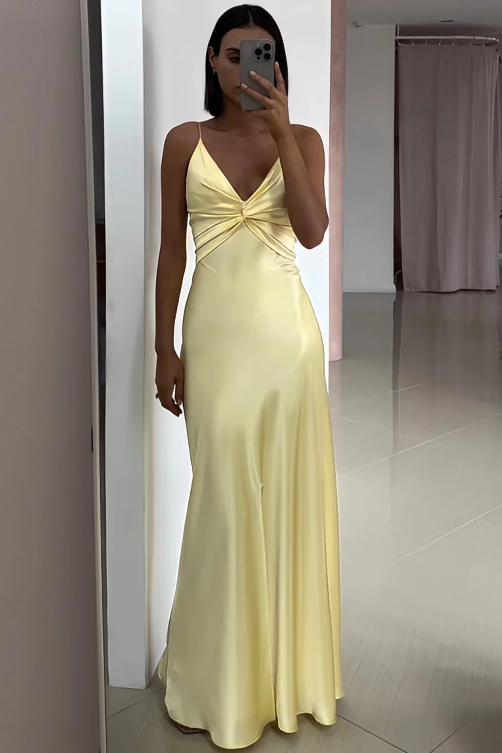 Chic A Line Spaghetti Straps Yellow Long Prom Dress with Split Front SH8306