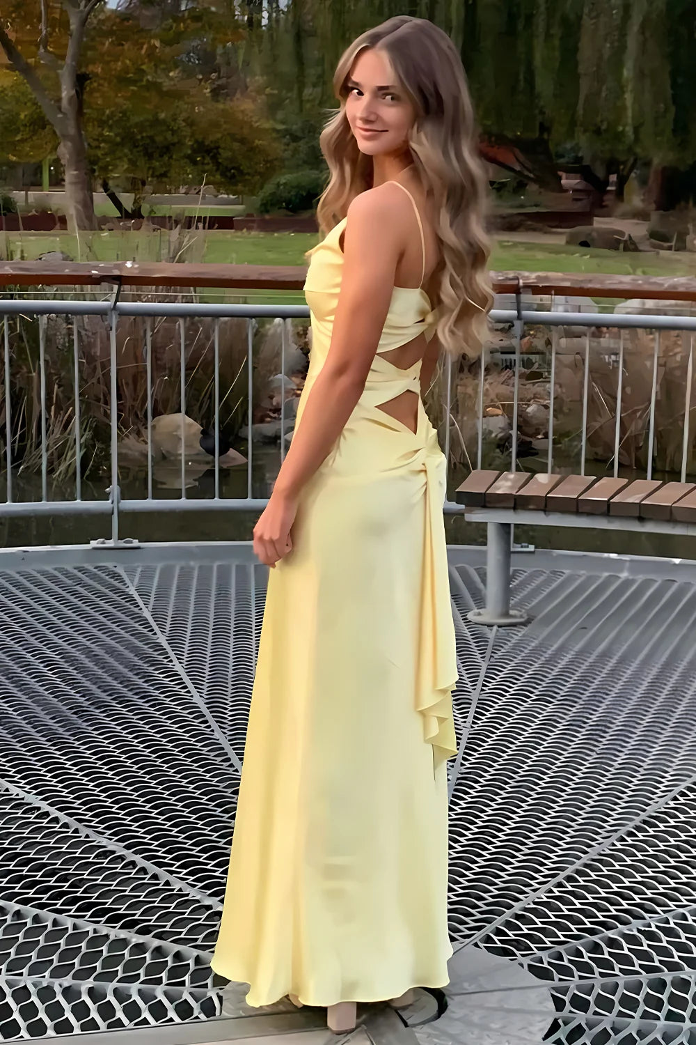 Chic A Line Spaghetti Straps Yellow Long Prom Dress with Split Front SH8306