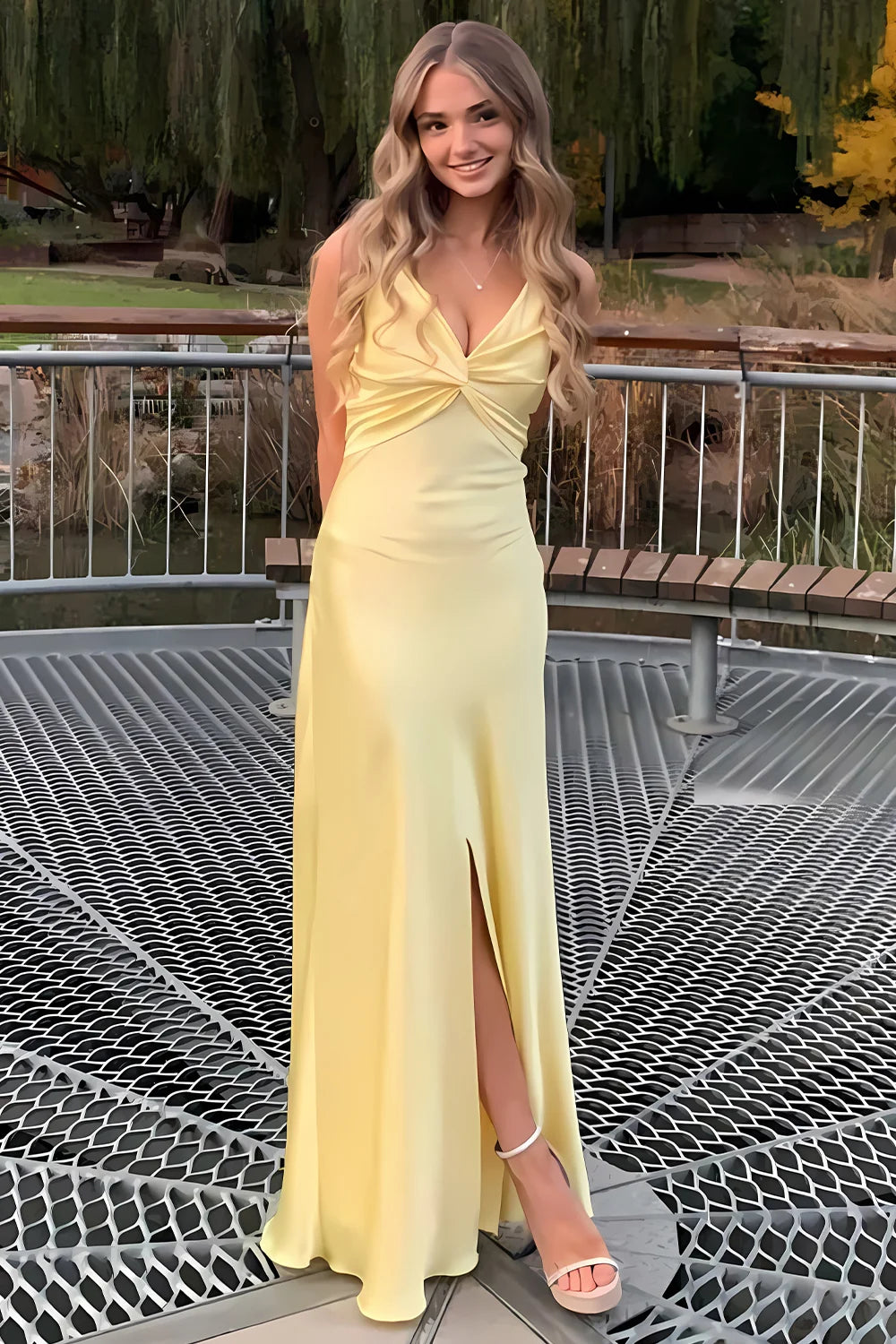 Chic A Line Spaghetti Straps Yellow Long Prom Dress with Split Front SH8306
