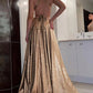 A Line V-neck Sweep Train Backless Sequined Prom Dresses With Slit SH1628