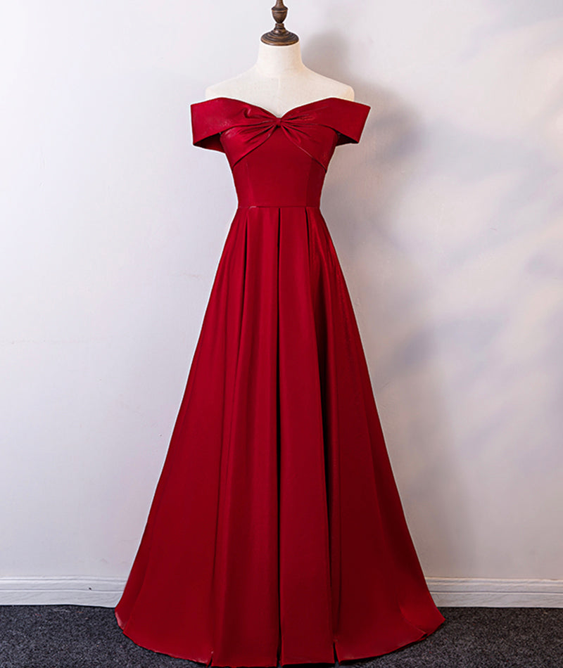 Burgundy A Line Off-the-shoulder Satin Long Prom Dress Evening Dress SH1672