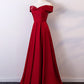 Burgundy A Line Off-the-shoulder Satin Long Prom Dress Evening Dress SH1672