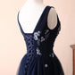 Charming Round Neck Beaded Navy Blue Tulle Prom Dress Evening Dress SH1678