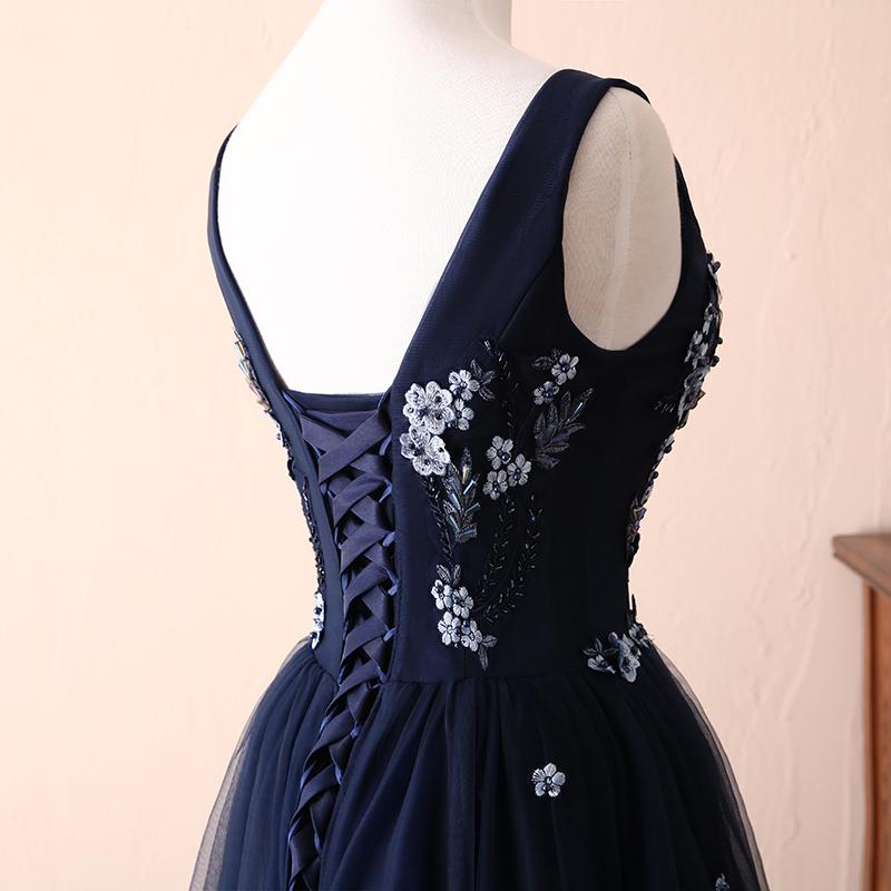 Charming Round Neck Beaded Navy Blue Tulle Prom Dress Evening Dress SH1678