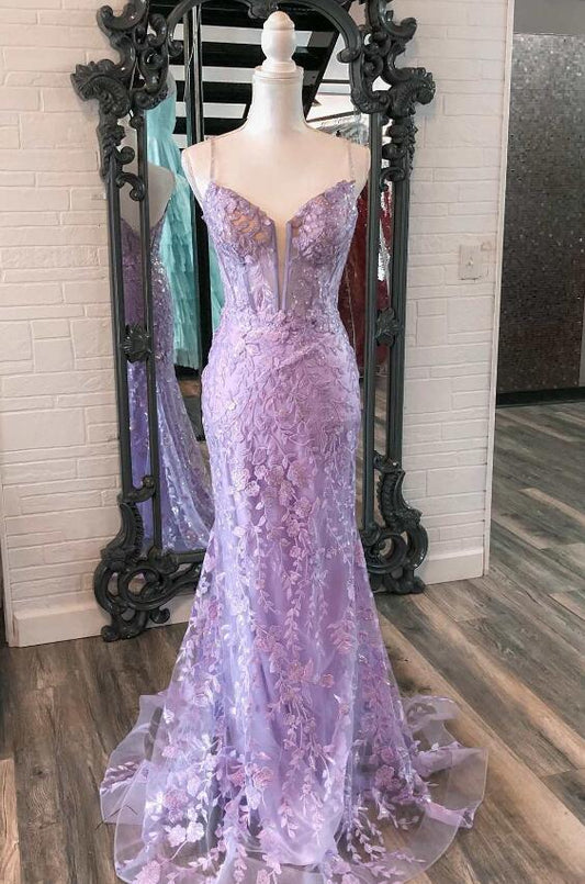 Mermaid V Neck Appliques Tulle Long Prom Dresses SH1576