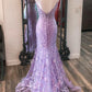 Mermaid V Neck Appliques Tulle Long Prom Dresses SH1576