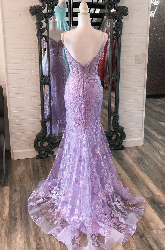 Mermaid V Neck Appliques Tulle Long Prom Dresses SH1576