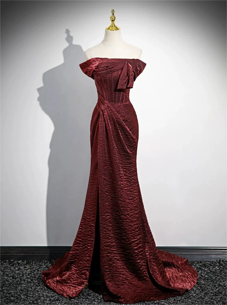 Mermaid Off-the-shoulder Burgundy Satin Long Prom Dress With Slit SH1670