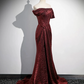 Mermaid Off-the-shoulder Burgundy Satin Long Prom Dress With Slit SH1670