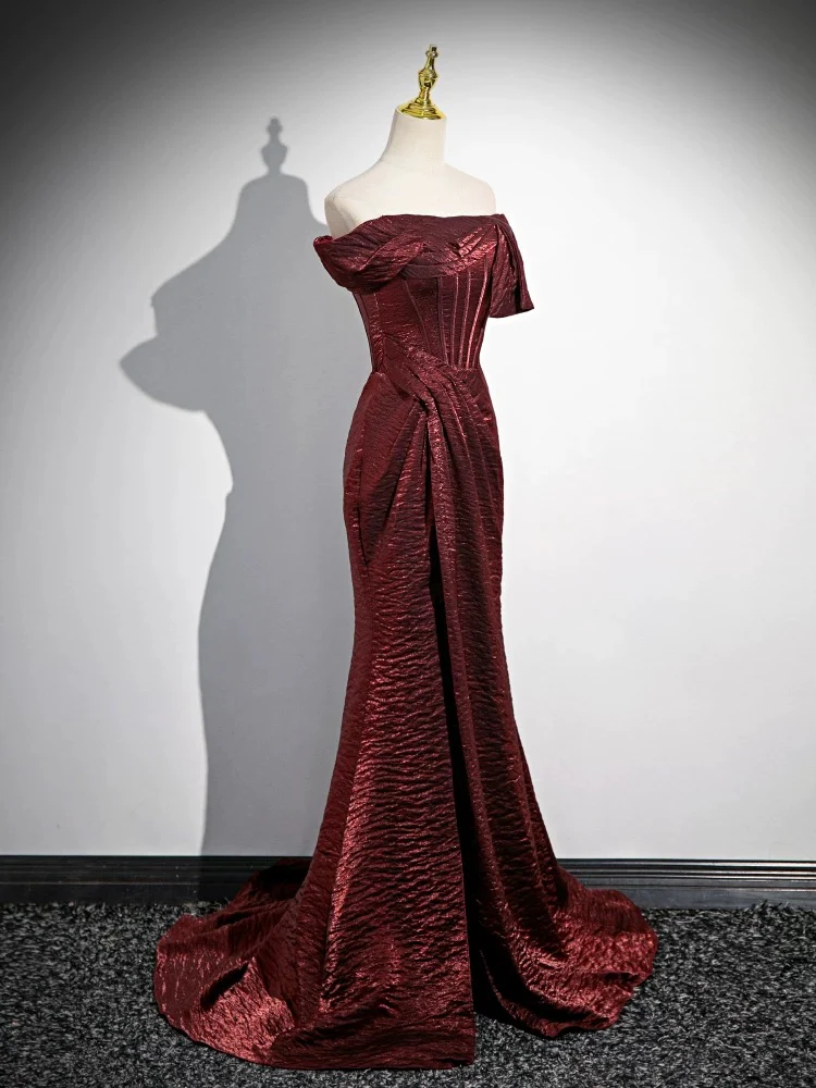 Mermaid Off-the-shoulder Burgundy Satin Long Prom Dress With Slit SH1670