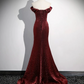 Mermaid Off-the-shoulder Burgundy Satin Long Prom Dress With Slit SH1670