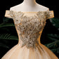 Gold A Line Off-the-shoulder Appliques Sequins Tulle Prom Dress SH1685