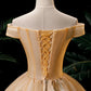 Gold A Line Off-the-shoulder Appliques Sequins Tulle Prom Dress SH1685