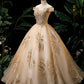 Gold A Line Off-the-shoulder Appliques Sequins Tulle Prom Dress SH1685