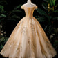 Gold A Line Off-the-shoulder Appliques Sequins Tulle Prom Dress SH1685