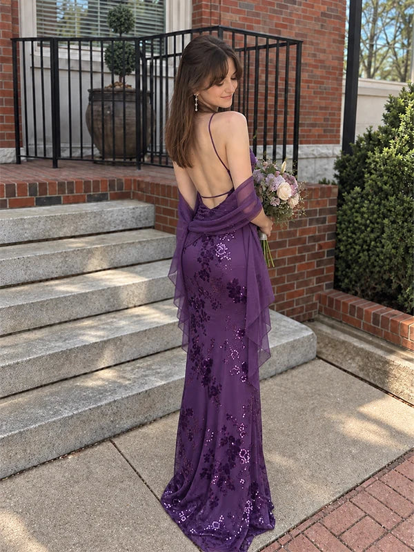 Elegant Purple Sequin V-Neck Mermaid Prom Dress Evening Dress SH8268