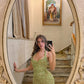 Green Sheath Halter Sequin Beaded Lace Backless Prom Dress Evening Dress SH6477