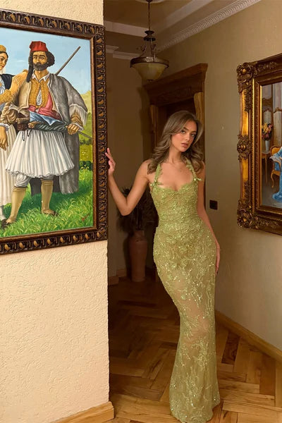 Green Sheath Halter Sequin Beaded Lace Backless Prom Dress Evening Dress SH6477