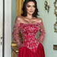 Romantic Red A Line Long Sleeves Beaded Satin Prom Dresses Evening Dress SH6485