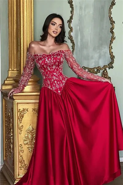 Romantic Red A Line Long Sleeves Beaded Satin Prom Dresses Evening Dress SH6485