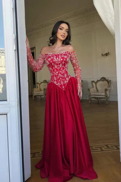 Romantic Red A Line Long Sleeves Beaded Satin Prom Dresses Evening Dress SH6485