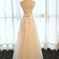 A Line Round Neck Appliques Tulle Prom Dress Formal Evening Dress SH1633