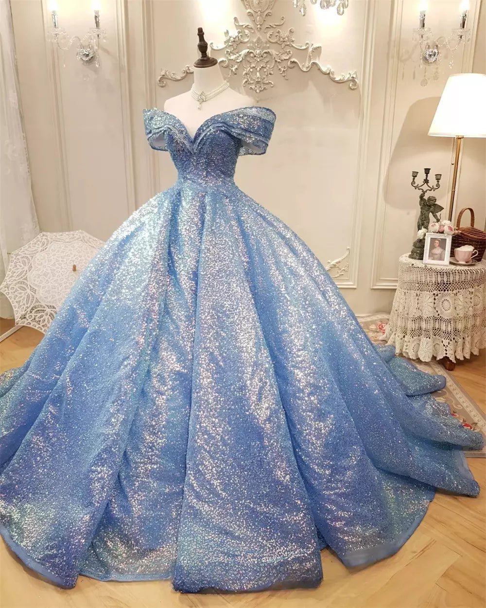 Blue Ball Gown Off-the-shoulder Sequins Quinceanera Dresses SH1592