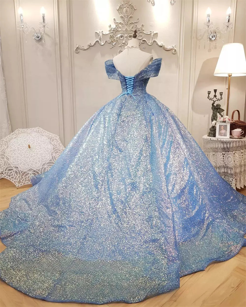 Blue Ball Gown Off-the-shoulder Sequins Quinceanera Dresses SH1592