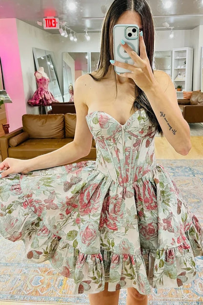 Gorgeous A Line Sweetheart Grey Pink Printed Corset Homecoming Dress SH7753