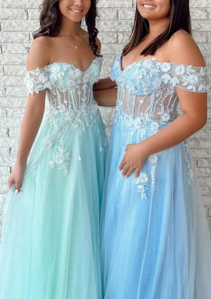 Off Shoulder Sweetheart A-line Illusion Floor-Length Aqua Lace Tulle Prom Dress SH8239