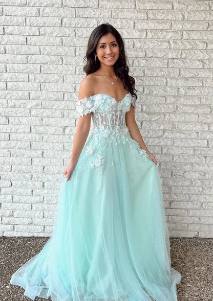 Off Shoulder Sweetheart A-line Illusion Floor-Length Aqua Lace Tulle Prom Dress SH8239