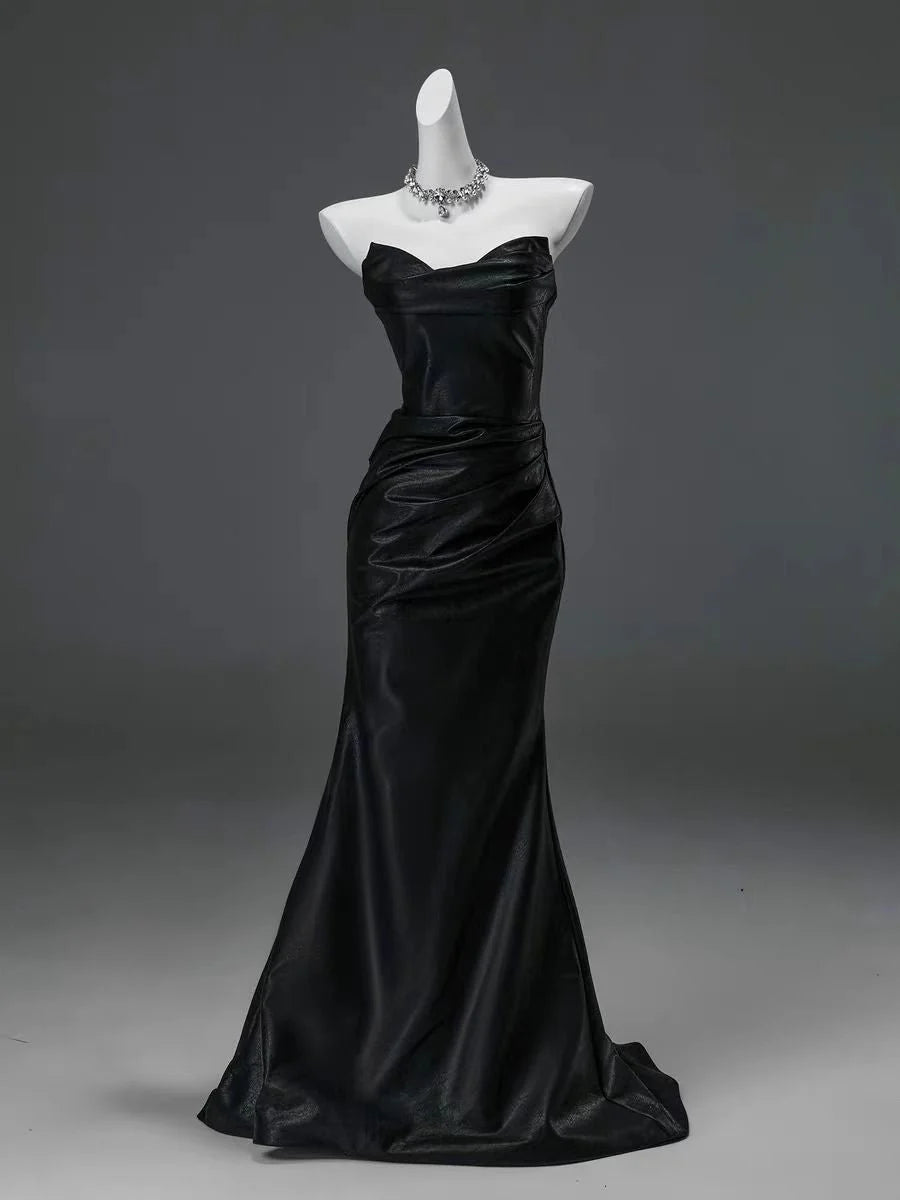 Black Mermaid Strapless Satin Long Prom Dress Evening Dress SH1826