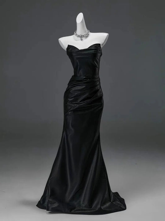 Black Mermaid Strapless Satin Long Prom Dress Evening Dress SH1826