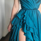 Elegant A Line Spaghetti Strap Ruffle Blue Satin Slit  Long Prom Dress Graduation Prom Dress SH2577