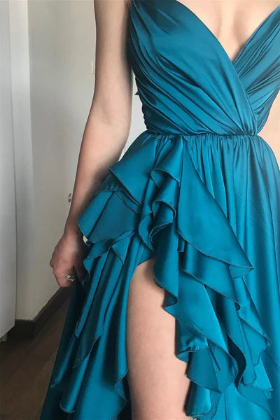 Elegant A Line Spaghetti Strap Ruffle Blue Satin Slit  Long Prom Dress Graduation Prom Dress SH2577
