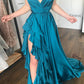 Elegant A Line Spaghetti Strap Ruffle Blue Satin Slit  Long Prom Dress Graduation Prom Dress SH2577
