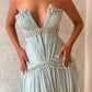 Baby Blue A Line V Neck Rhinestone Pleated Satin Long Prom Dress Evening Dress SH6478