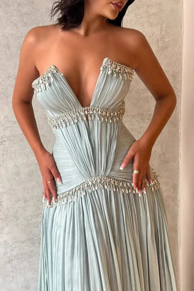 Baby Blue A Line V Neck Rhinestone Pleated Satin Long Prom Dress Evening Dress SH6478