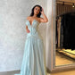 Baby Blue A Line V Neck Rhinestone Pleated Satin Long Prom Dress Evening Dress SH6478