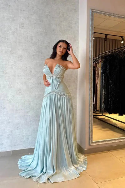 Baby Blue A Line V Neck Rhinestone Pleated Satin Long Prom Dress Evening Dress SH6478