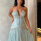 Baby Blue A Line V Neck Rhinestone Pleated Satin Long Prom Dress Evening Dress SH6478