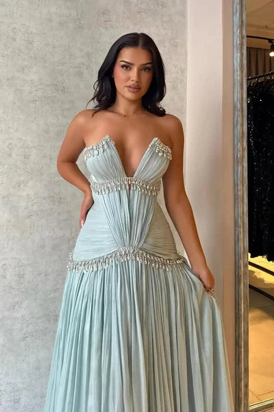 Baby Blue A Line V Neck Rhinestone Pleated Satin Long Prom Dress Evening Dress SH6478