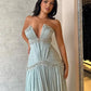 Baby Blue A Line V Neck Rhinestone Pleated Satin Long Prom Dress Evening Dress SH6478