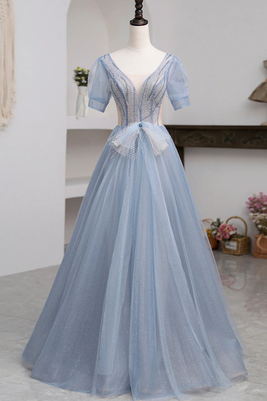 Blue Short Sleeve Tulle Floor Length Prom Dress with Beaded SH1700