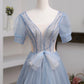 Blue Short Sleeve Tulle Floor Length Prom Dress with Beaded SH1700