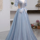 Blue Short Sleeve Tulle Floor Length Prom Dress with Beaded SH1700