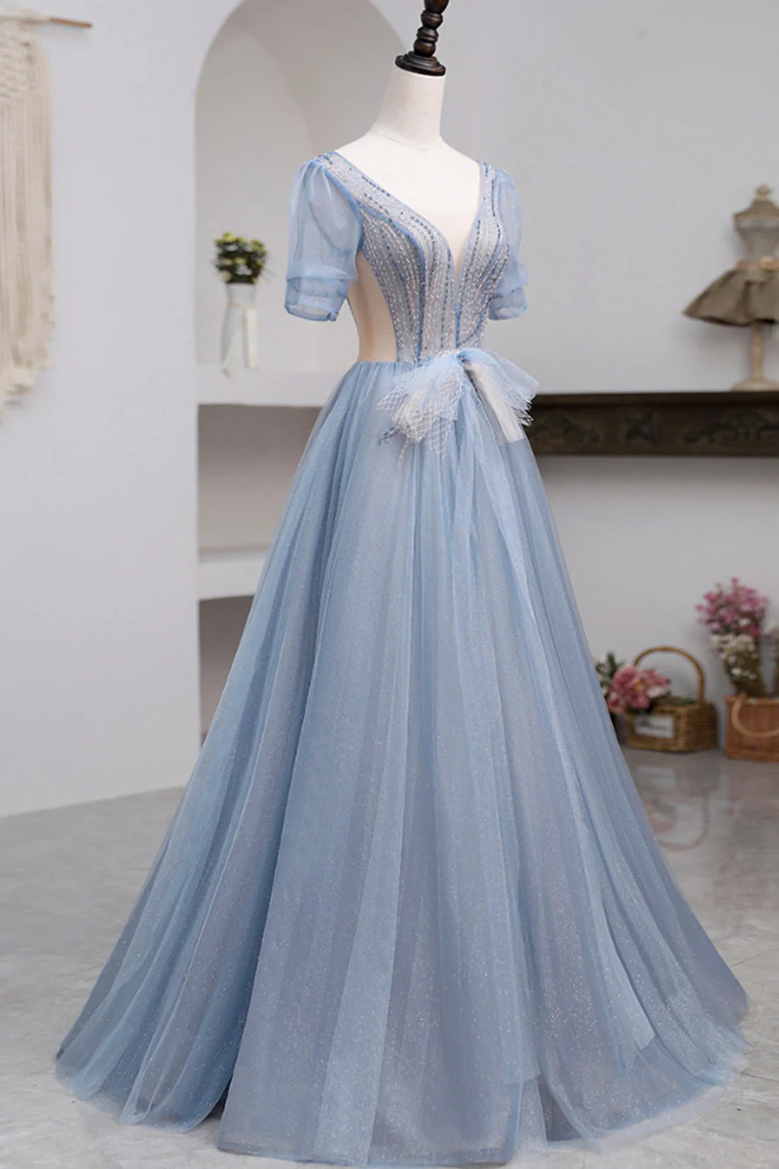 Blue Short Sleeve Tulle Floor Length Prom Dress with Beaded SH1700